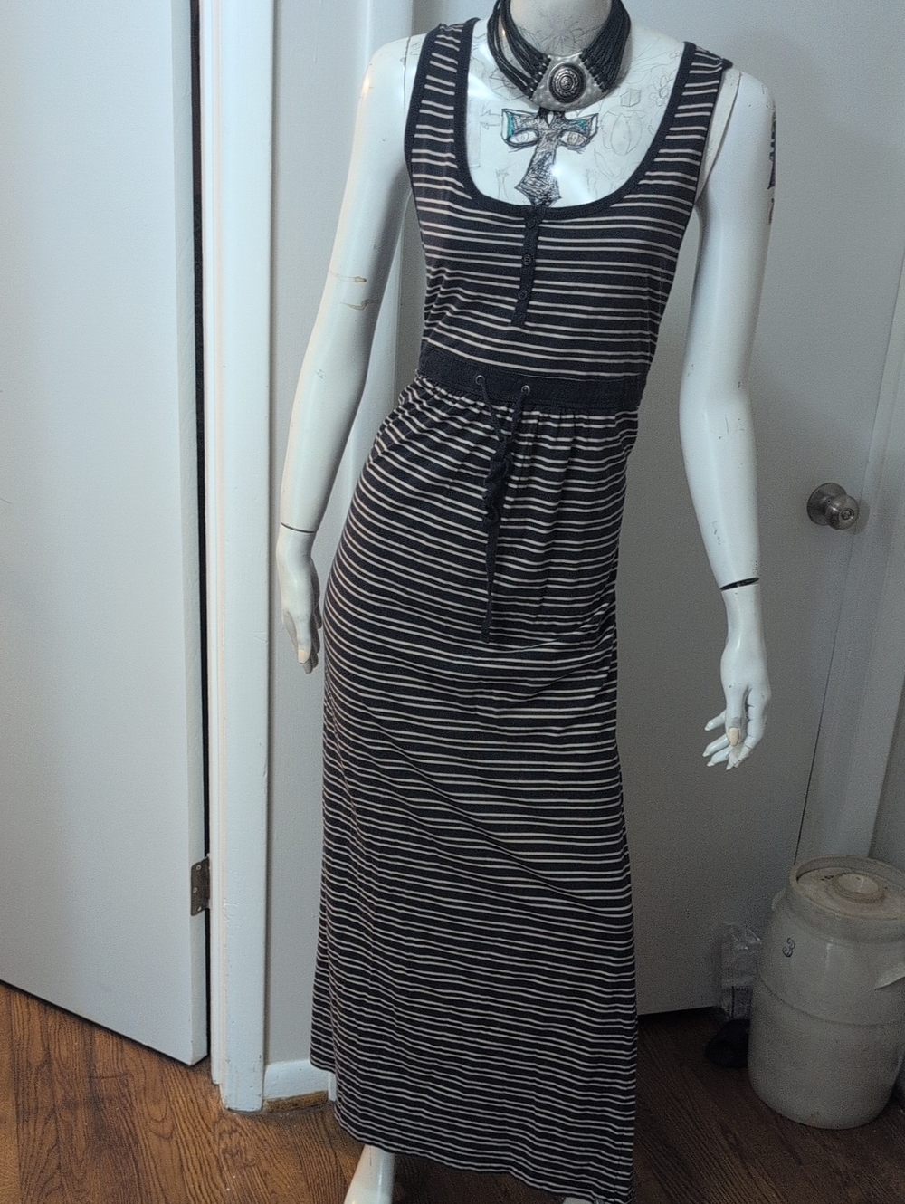 Eddie Bower Grey and White Striped Sleeveless Maxi Dress